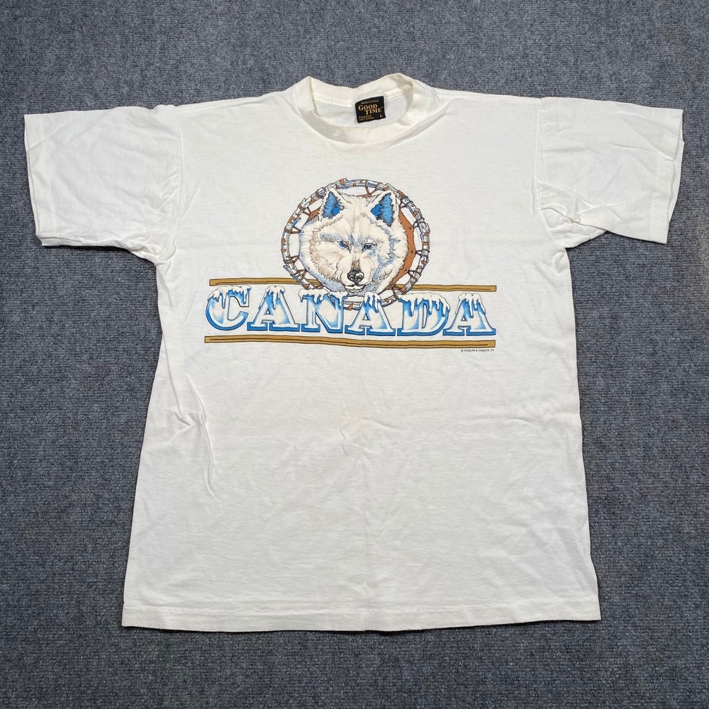 Vintage 90s‎ Canada Wolf Graphic T Shirt Mens Large White Good Time